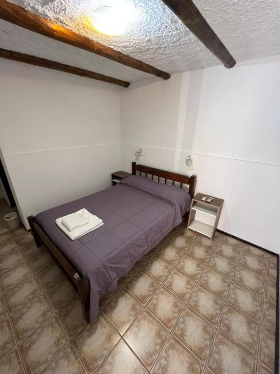 a bedroom with a bed and a table in it at Hostal Andino in Eugenio Bustos