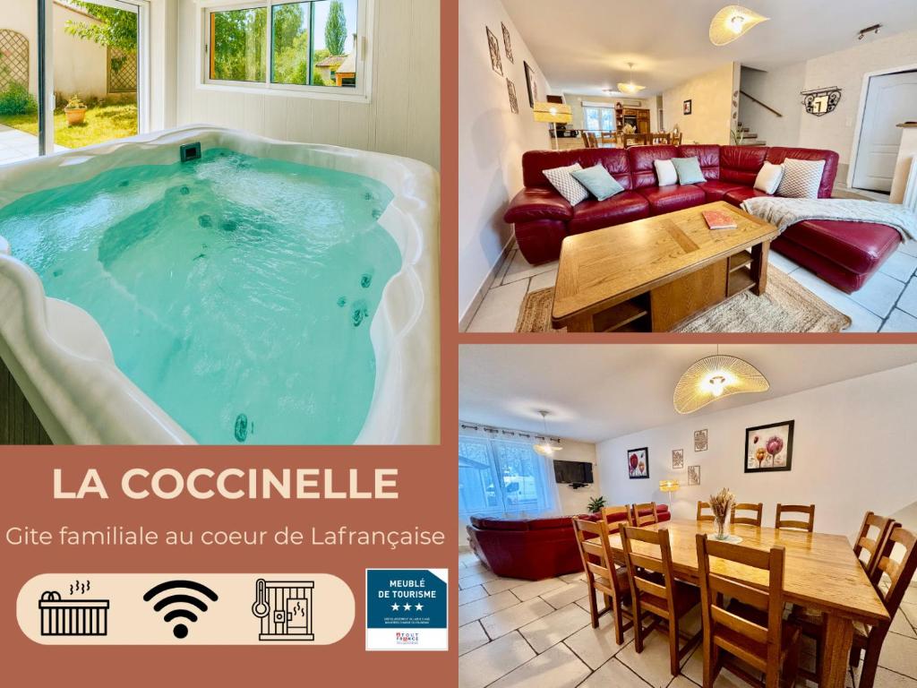 eine Collage von Bildern eines Whirlpools in einem Haus in der Unterkunft La Coccinelle- Gîte familial, Spa & Sauna in Lafrançaise