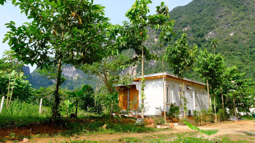 una pequeña casa frente a una montaña en Cozy Tiny House Nature Retreat with Mountain Views, 