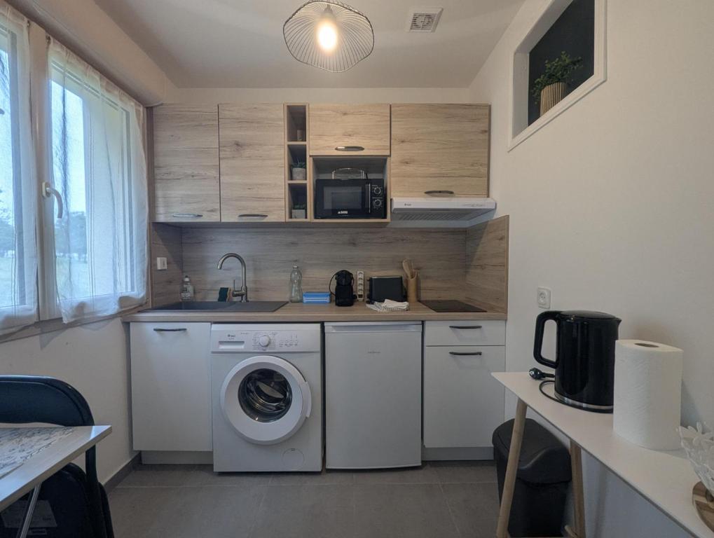 eine Küche mit Waschmaschine und Mikrowelle in der Unterkunft Le logis du lac in Braucourt