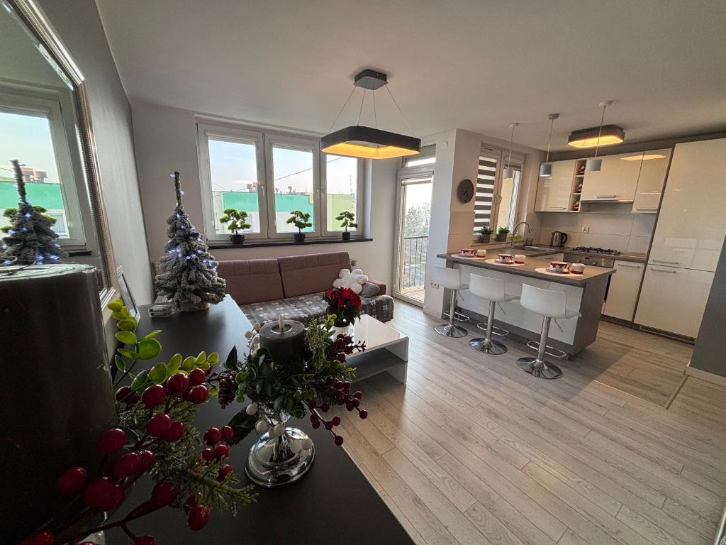 a large living room with a kitchen and a living room at Ekskluzywny Apartament Joanna w centrum Bochni in Bochnia