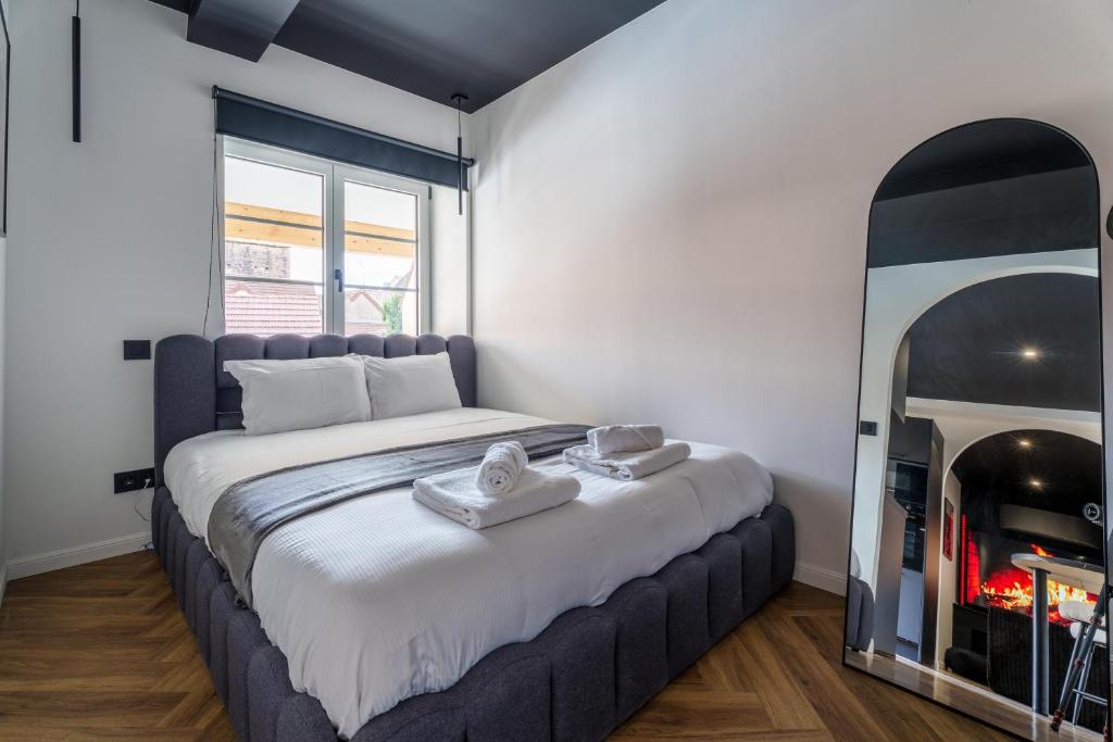 a bedroom with a bed and a fireplace at Saga - Cinema Room in Chagny