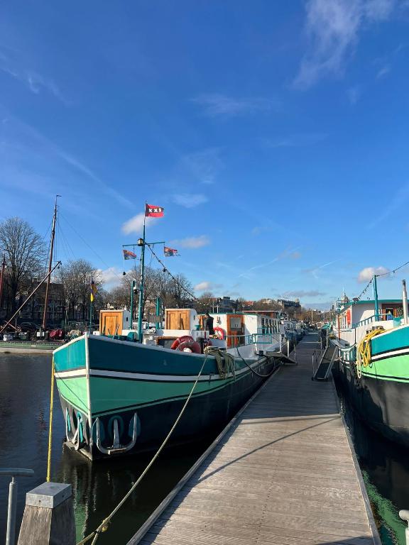 two boats docked at a dock on the water at Neptune Boatique Hotel Amsterdam in Amsterdam