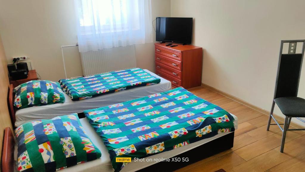 a bedroom with two beds and a tv and a dresser at Gościniec Iwona II in Bodzanów