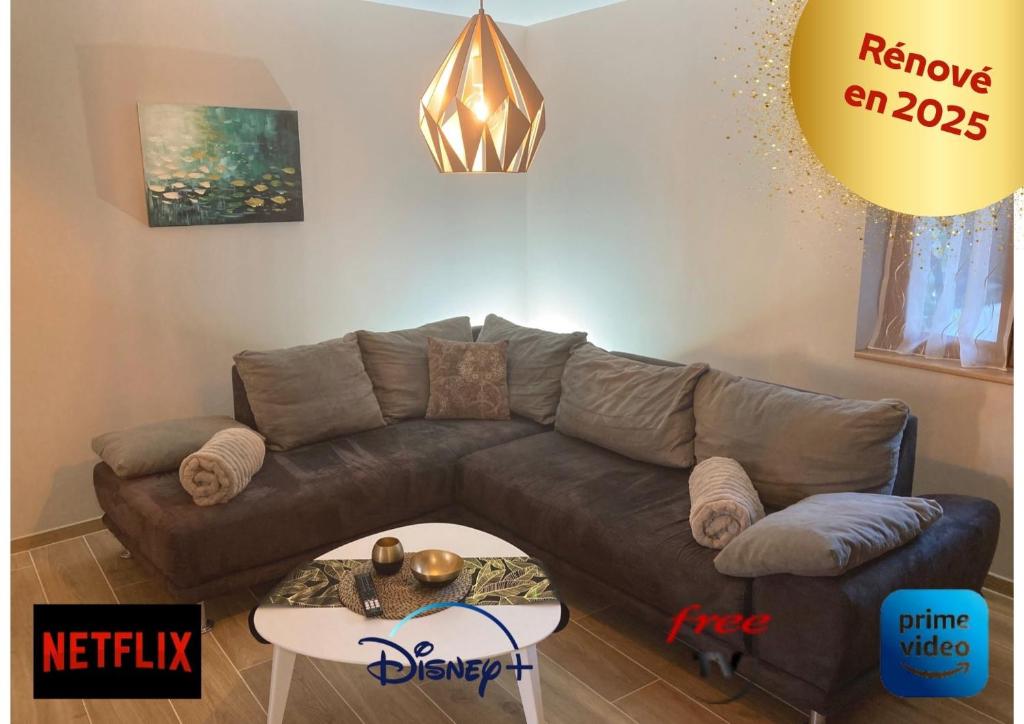 un soggiorno con un divano marrone e un tavolo di Eulia, A l'Orée des Vignes a Orschwiller