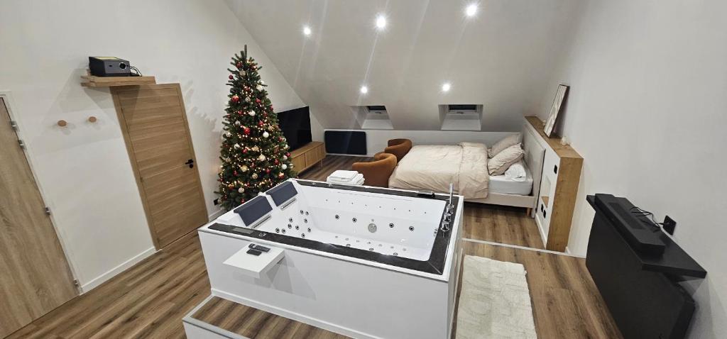 a living room with a christmas tree and a room with a bed at La suite Cherbourgeoise in Cherbourg en Cotentin