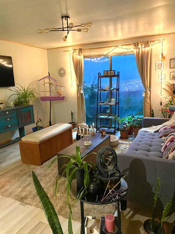 a living room with a couch and a table with plants at Loft independiente Casa Altavista in Valparaíso