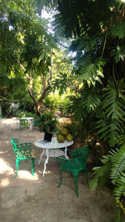 a table and two chairs with a laptop on it at Jungle Palace hostal santaella in Puerto Escondido