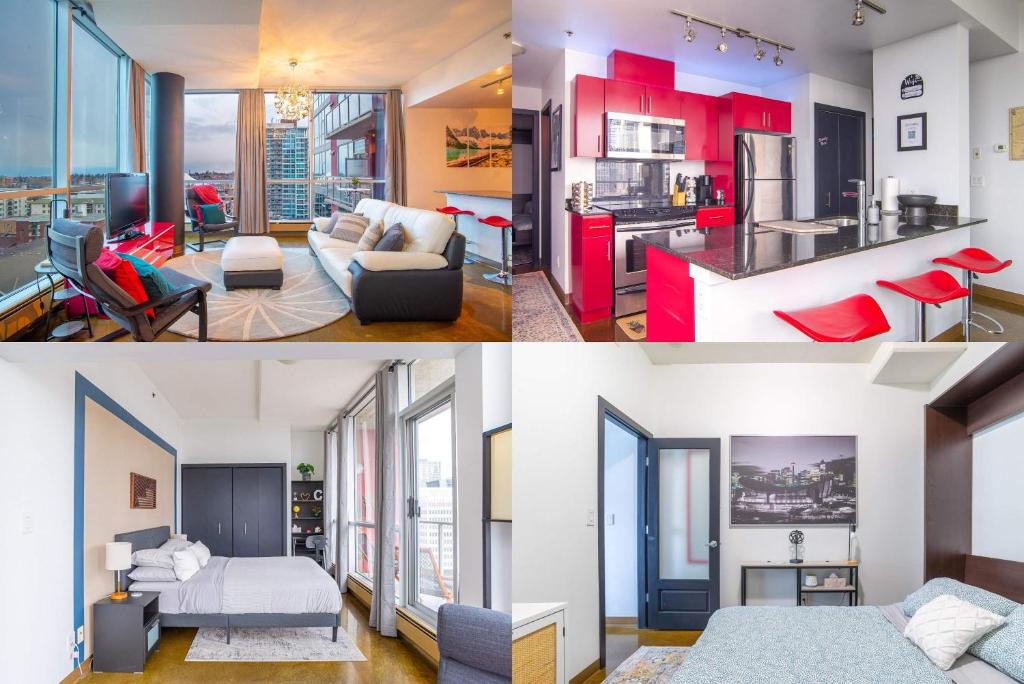 a living room and a kitchen with red cabinets at Modern Beltline Escape Sky-High Views DT Views in Calgary