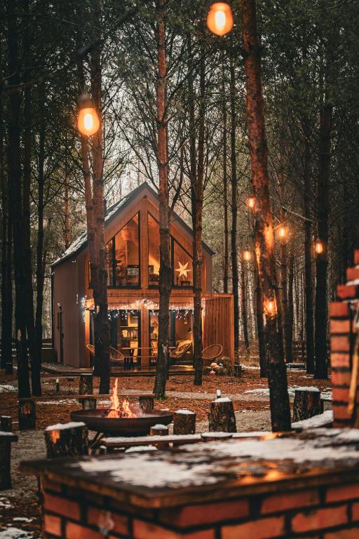 a house in the middle of a forest with lights at Osada LoveLaski - balia jacuzzi, sauna i kominek - całoroczne domki premium in Laski