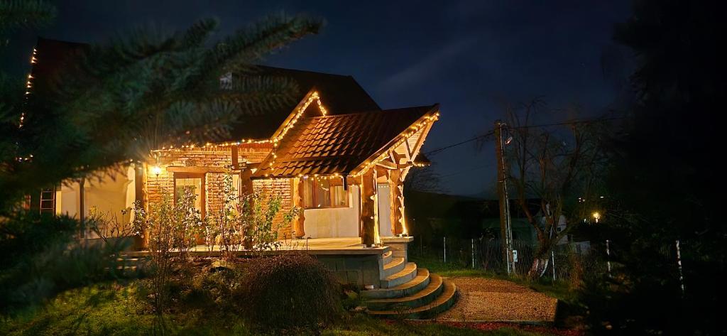 a house with lights on the front of it at night at Rustic Dreams-Dobolii de Sus in Dobolii de Sus