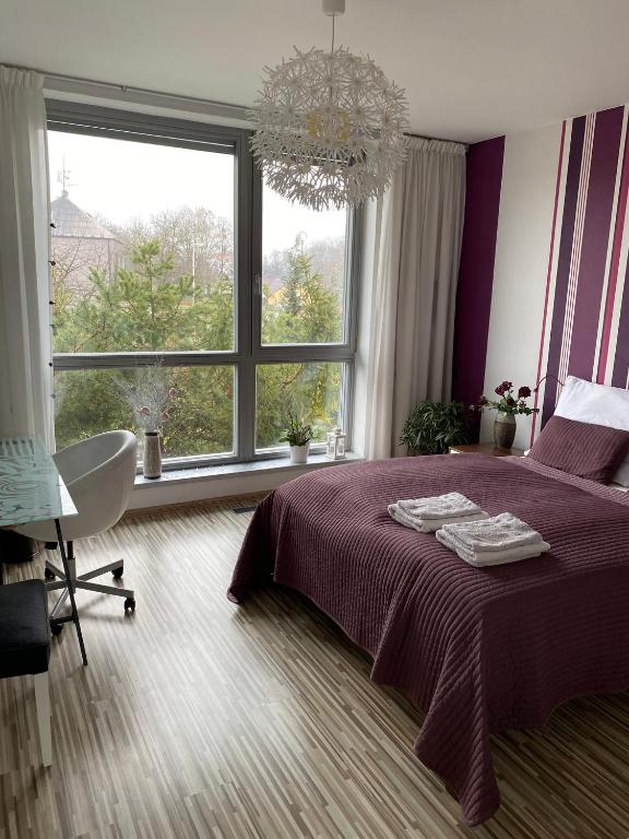 a bedroom with a purple bed and a large window at Ubytování Klimkovice in Klimkovice
