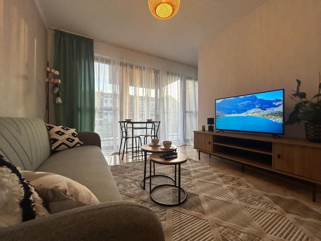 een woonkamer met een bank en een flatscreen-tv bij Apartament Słoneczny 16 in Opole