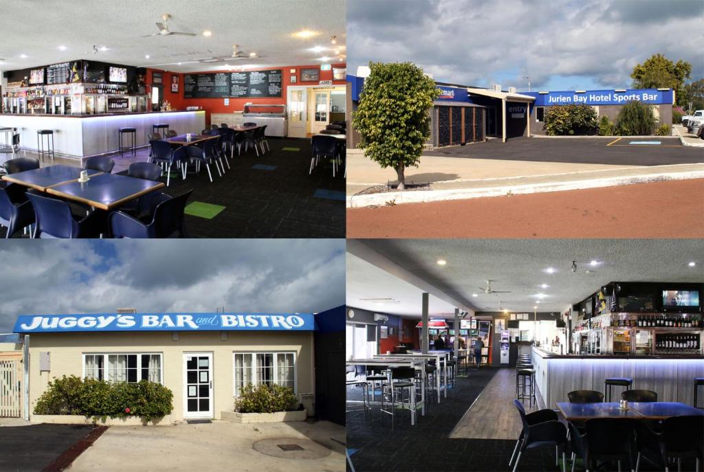 a collage of photos of a restaurant with tables and chairs at Jurien Bay Hotel Motel in Jurien Bay