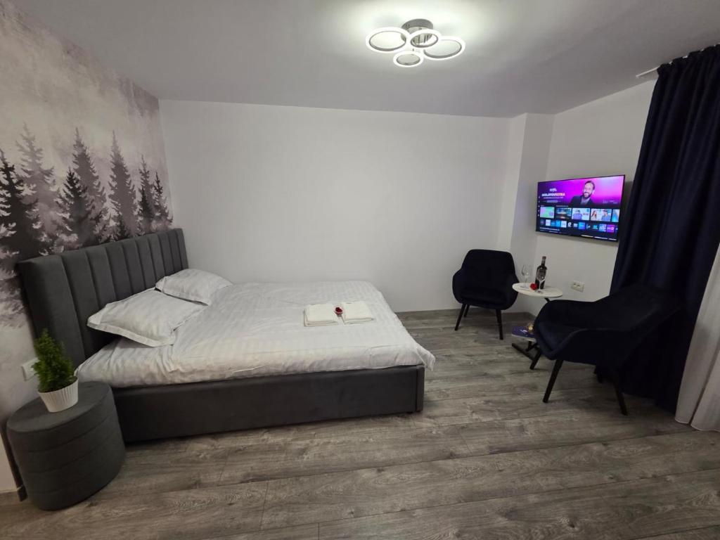 Ένα ή περισσότερα κρεβάτια σε δωμάτιο στο Panoramic View Bran