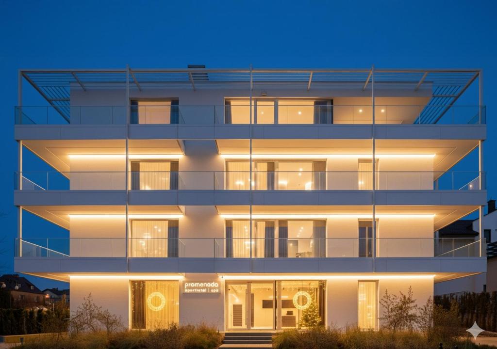 an external view of a building at night at PROMENADA apartamenty & spa PRZY PLAŻY in Władysławowo