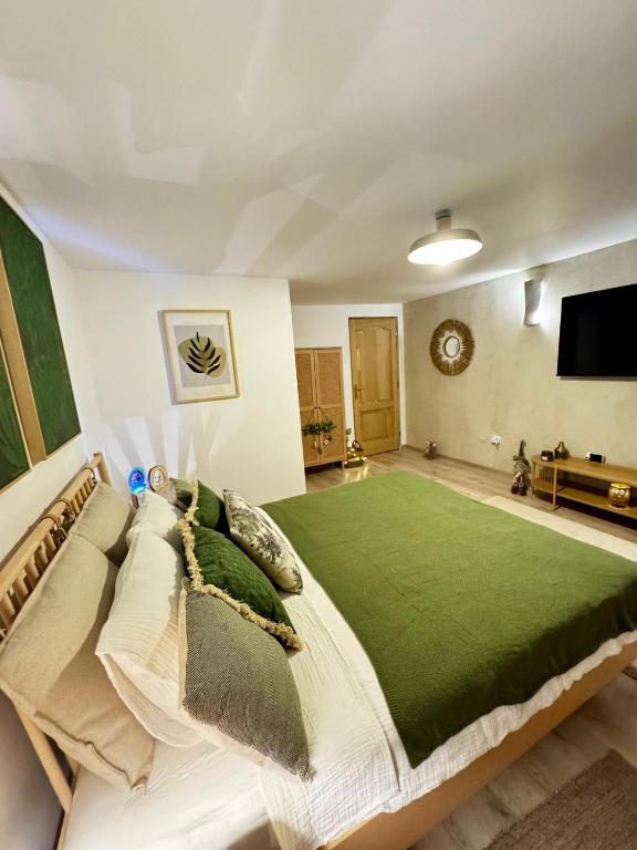 a bedroom with a large bed with a green carpet at UMANI Retreat 2 in Buşteni