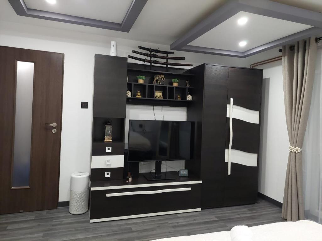 een woonkamer met een televisie in een zwarte kast bij Hera Exclusive Stay in Timişoara