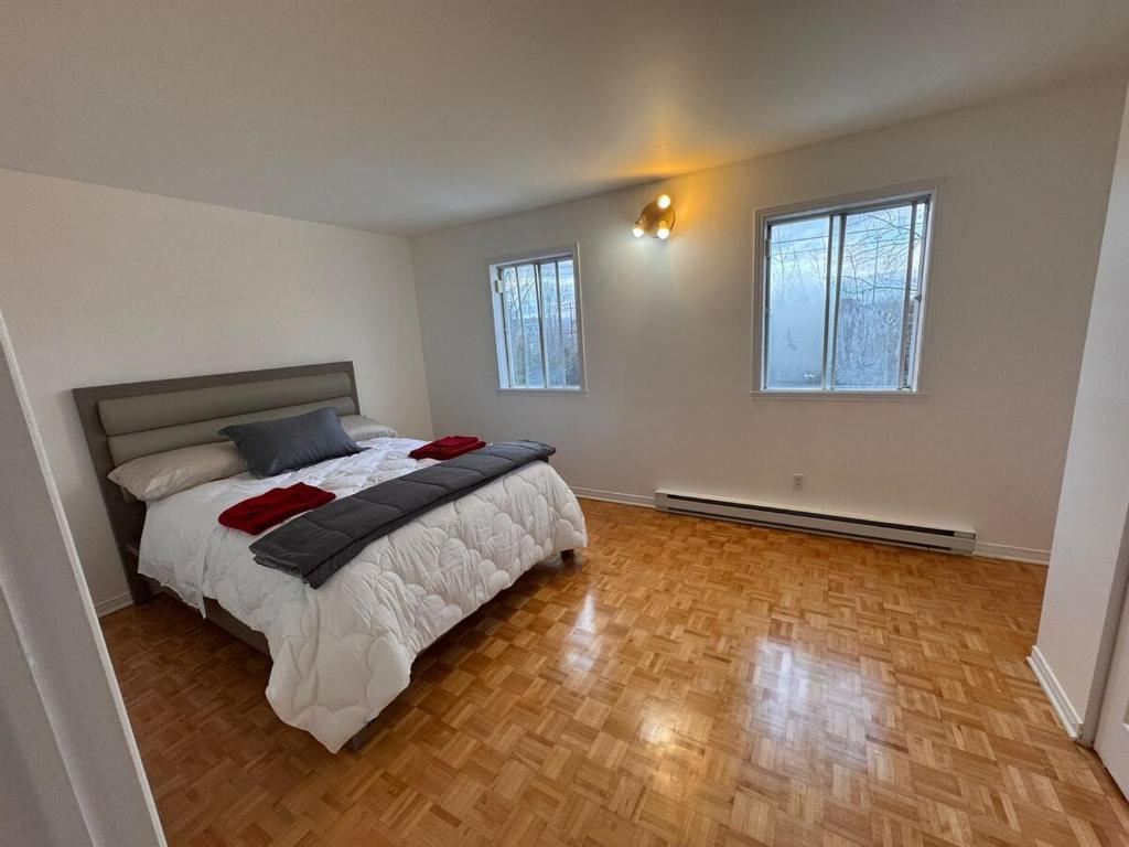 Charming Family Home in Peaceful Laval في لافال: غرفة نوم بسرير كبير ونافذتين