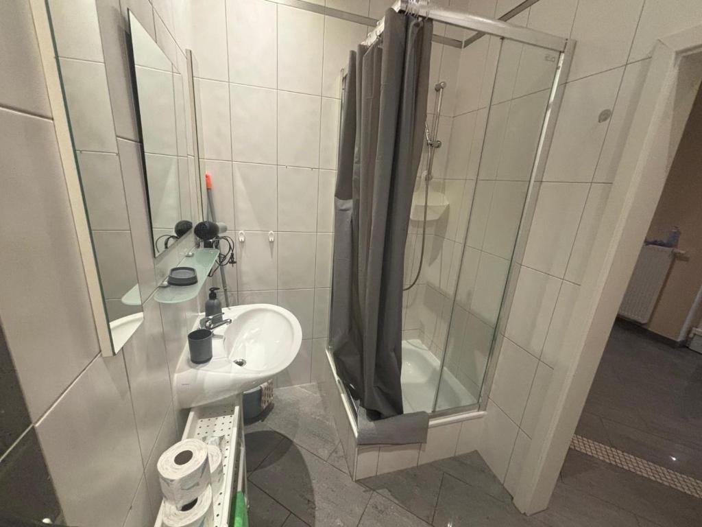 a bathroom with a shower and a sink and a toilet at Ferienwohnung-Monteurwohnung-Parkplatz in Meine