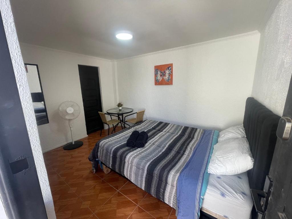 a bedroom with a bed and a table in it at Habitación doble love con baño privado in Curicó