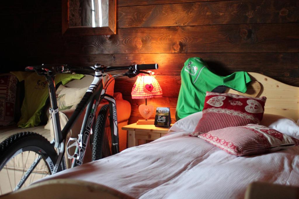 un dormitorio con una bicicleta estacionada junto a una cama en Alpin Park Sappada Village en Sappada