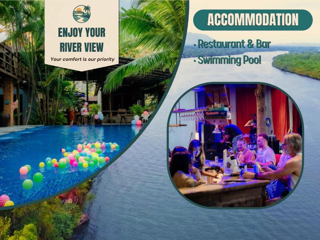 カンポットにあるRiver Nest Hostelのプールに座っている人々のグループの鏡像