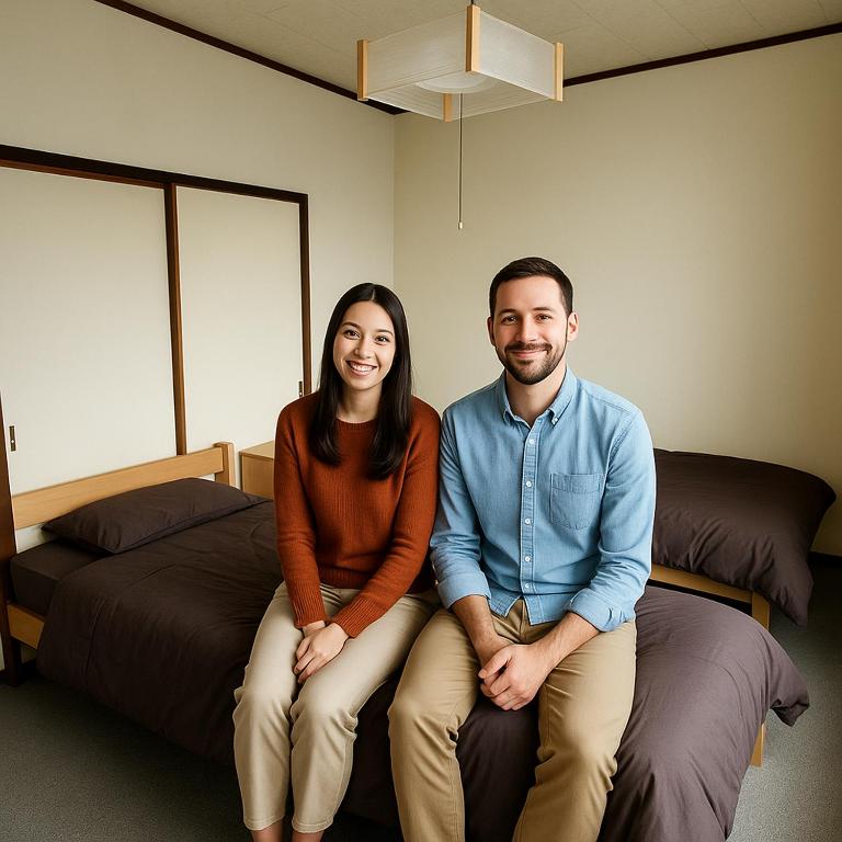 a man and a woman sitting on a bed at さんこ戸建て1号棟 in Takamatsu