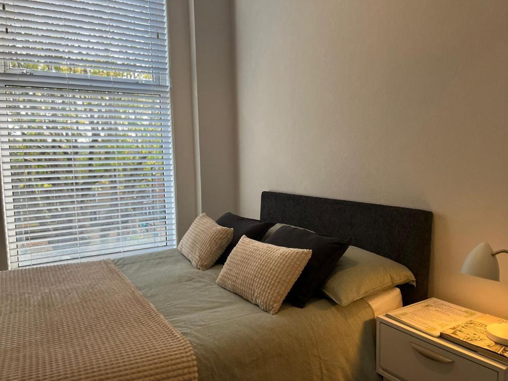 a bedroom with a bed with pillows and a window at Drumcondra Studio Apartment in Dublin