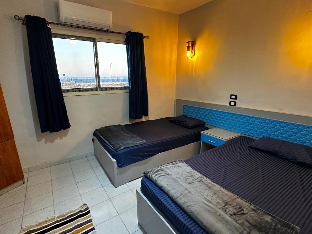 ダハブにあるcamp caesarのベッド2台と窓のある寝室