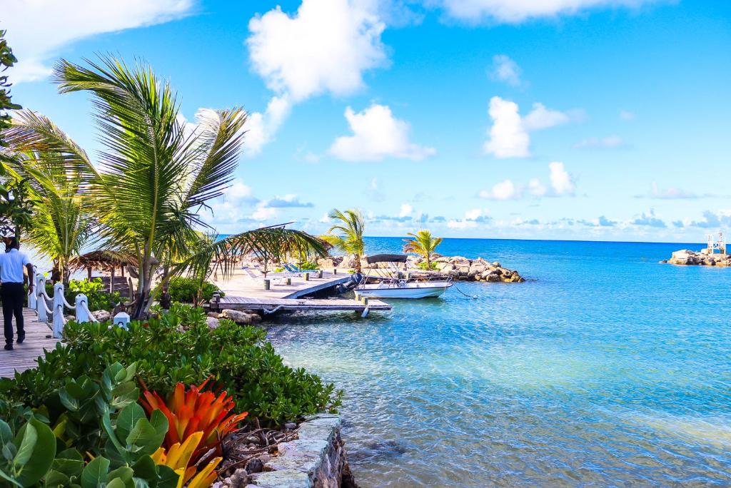 a beach with palm trees and boats in the water at Ocean Point Beach Resort & Spa Adults Only in Saint Johnʼs