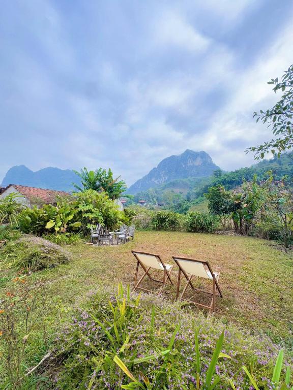 two picnic tables in a field with mountains in the background at ThongDong Homestay in Hữu Lũng
