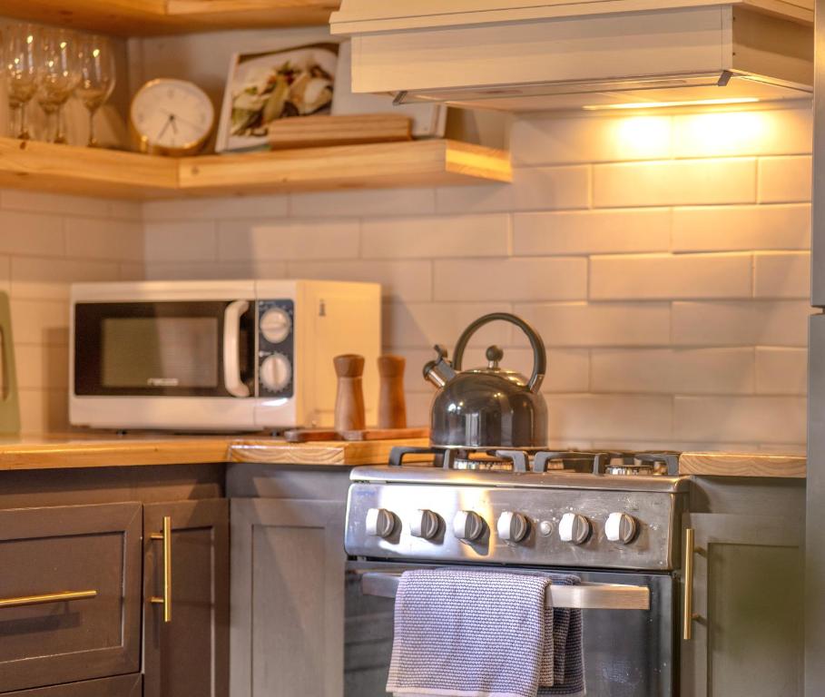 a kitchen with a stove with a tea kettle on it at Fully renovated cabin in Villa Cerro Castillo, Patagonia in Villa Cerro Castillo