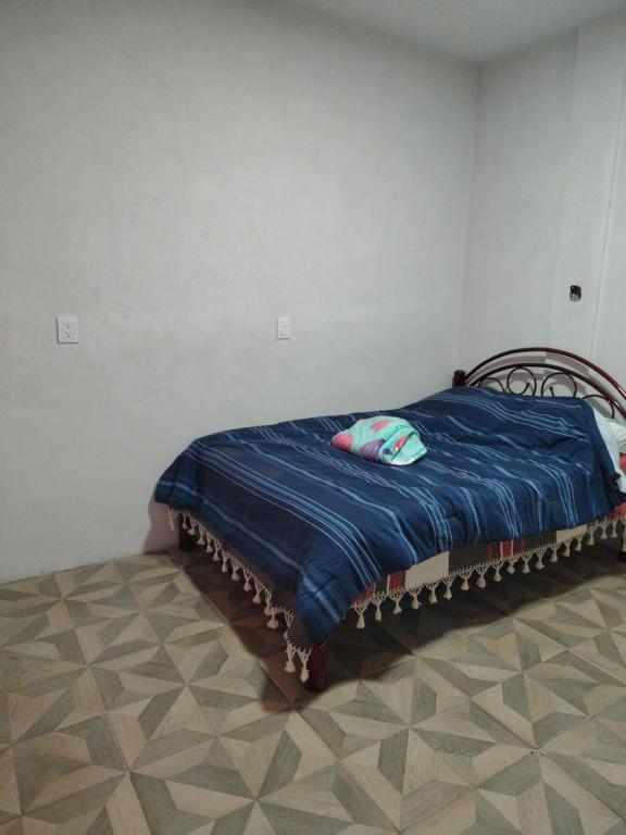La casa se los abuelos في San Pablo Villa de Mitla: سرير في غرفة عليها بطانية زرقاء