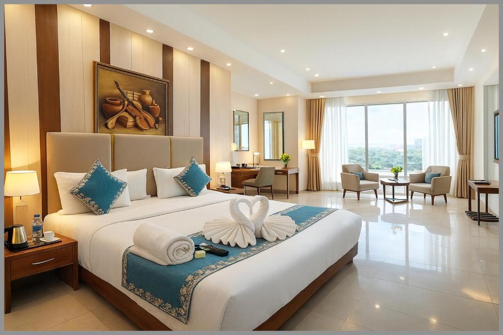 Una cama o camas en una habitación de Hotel Shree Ramayanam Premium Near Ayodhya Railway Station 200m - Shri Ram Janmbhoomi Temple 900m - Free Wifi and Parking Facility - Fully Air conditioning Premium Room- Best Premium Hotel In Ayodhya