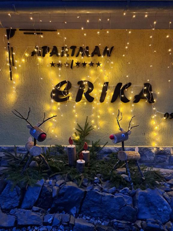 a window with christmas decorations and a sign that reads merry christmas at Soba Erika in Fužine