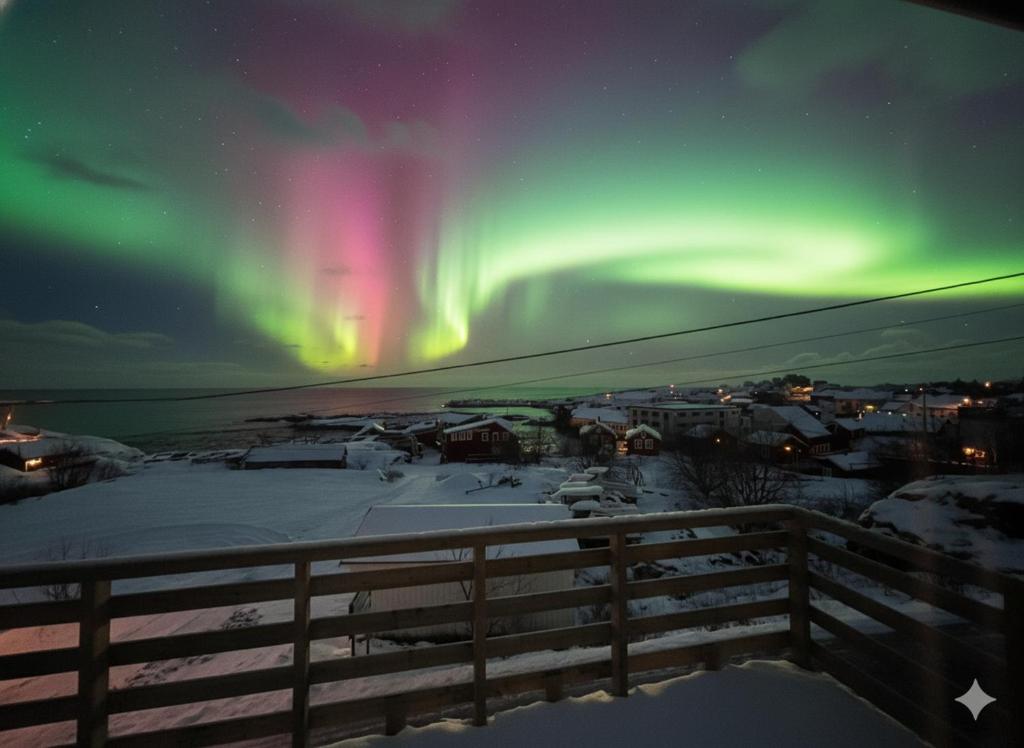 an aurora in the sky over a city at Å, the far end of Lofoten, top apartment. in Sørvågen