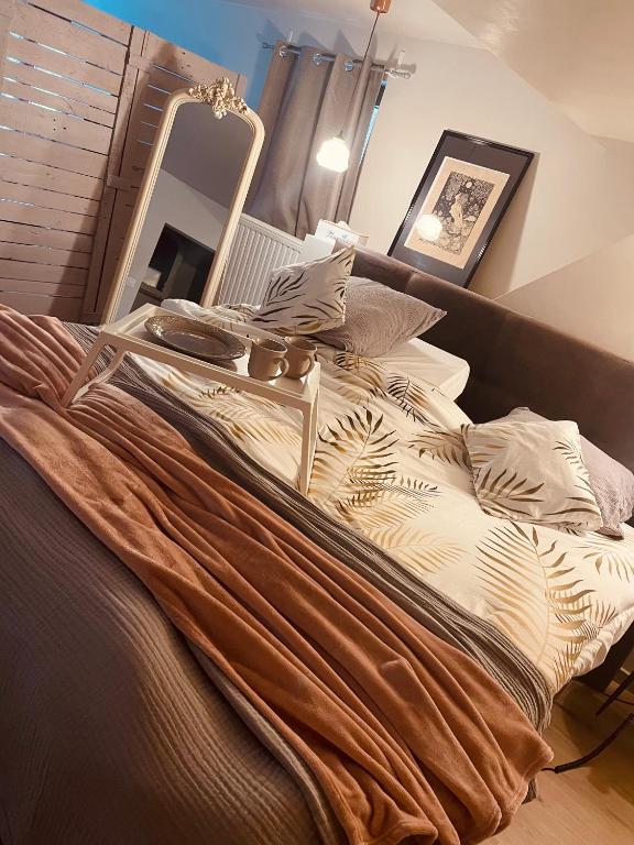 a bed in a room with a mirror at SkyNest in Namur