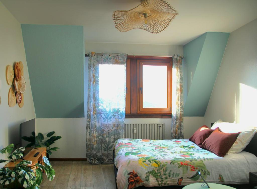 ein Schlafzimmer mit einem Bett und einem Fenster in der Unterkunft L'Atelier des Tropiques in Saverne