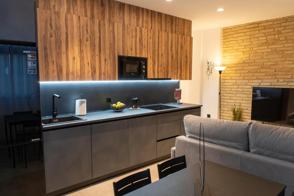 Una cocina con fregadero y un sofá en una habitación. en Apartamentos Baños, 6 CAROLA, en Linares