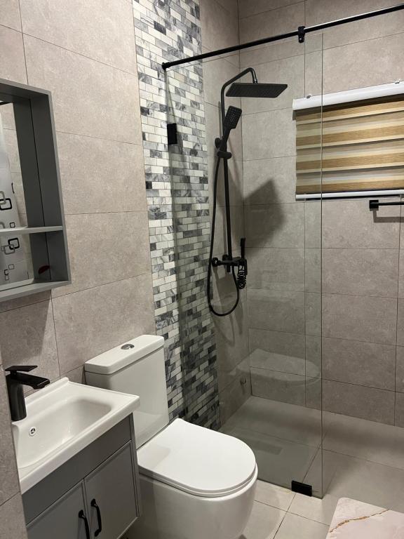 a bathroom with a shower and a toilet and a sink at Maison Aria in Madina