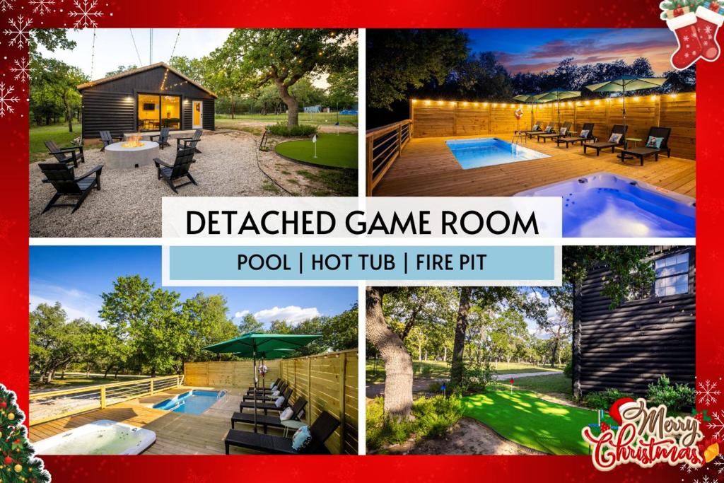 eine Collage von Bildern eines Spielzimmers im Garten in der Unterkunft Pool, Hot Tub, Fire Pit, Game Room, Mini Golf in Fredericksburg