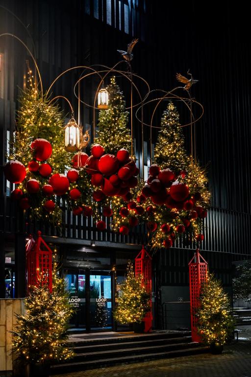 维尔纽斯维尔纽斯路普酒店的建筑物一侧的一组圣诞树