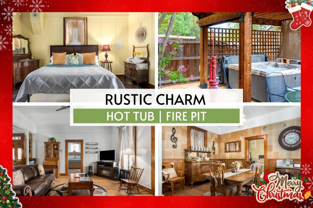 Pet-Friendly, Hot Tub, Fire Pit, King Beds - Walk to Main St! في فريدريكسبيرغ: ملصق بثلاث صور منزل