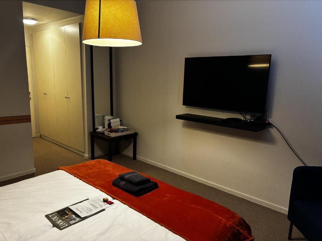 a room with a bed with a flat screen tv on the wall at Guest room with private bathroom, WiFi, TV, Antwerp in Antwerp