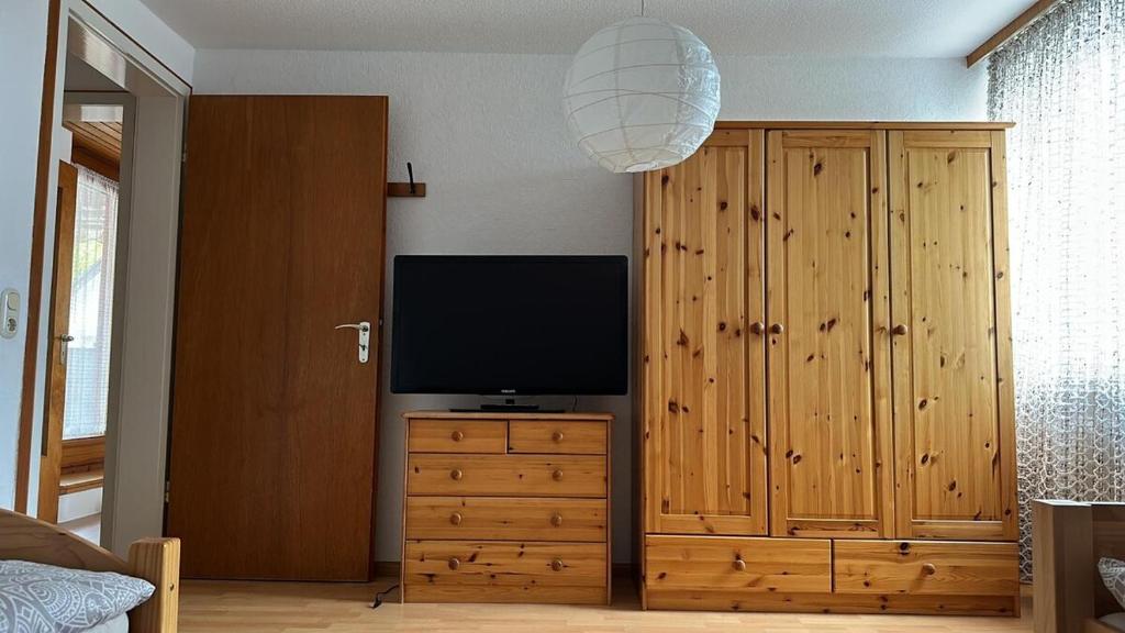 sala de estar con TV y armario de madera en Central cozy 2-room apartment, en Bad Bellingen