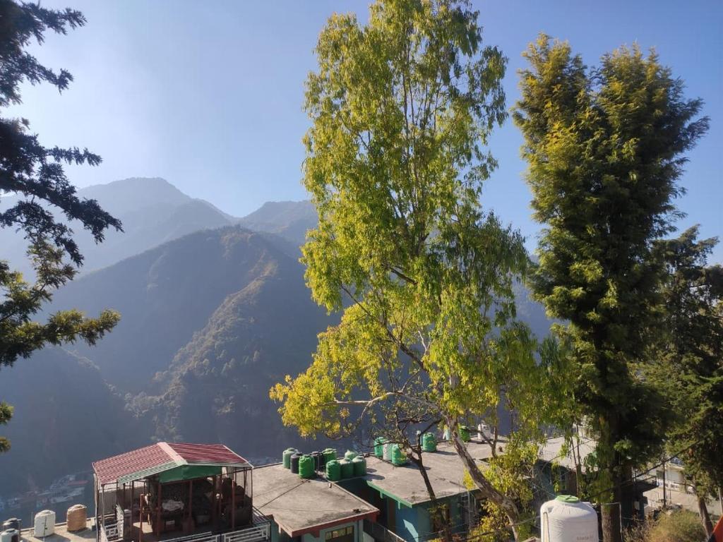 a view of a mountain with trees and buildings at Polet Mountain Resort in Mussoorie