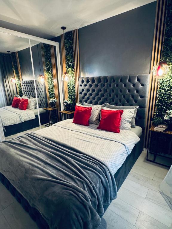 a bedroom with a large bed with red pillows at Aici te simți ca acasa 2 in Iaşi