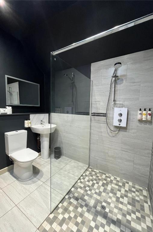 a bathroom with a shower and a toilet and a sink at The Hollow Bottom in Guiting Power