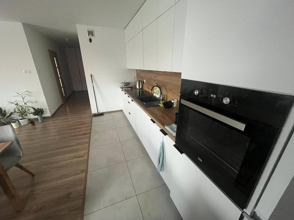 een keuken met een zwarte en witte kookplaat bij Oławska 1A mieszkanie in Środa Śląska